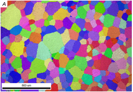 Abbildung 6 Ergebnisbilder der EBSD Messungen in Form einer „texture map“ für die drei Hersteller. (ZEISS Sigma VP 300 , EDAX Hikari EBSD, texture map)